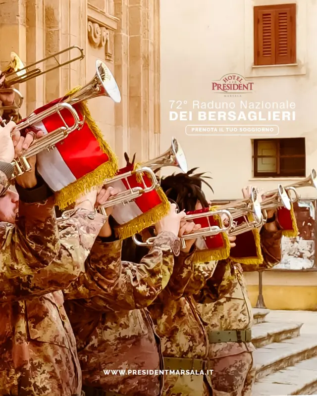 🎺 Marsala si prepara ad accogliere il 72° Raduno Nazionale dei Bersaglieri!

Dall’8 all’11 maggio 2025, la città accoglierà con orgoglio il Raduno Nazionale dei Bersaglieri: un evento unico che celebra migliaia di bersaglieri provenienti da tutta Italia.

In questo clima di emozione e orgoglio, Hotel President Marsala ti invita a vivere l’evento da protagonista:
🔸Camere confortevoli e accoglienti
🔸A pochi minuti dal centro e dai principali appuntamenti del raduno
🔸Servizi su misura e l’autentica ospitalità siciliana

👉 Prenota subito su www.presidentmarsala.it

#HotelPresident #marsala #MarsalaExperience #BusinessHotel #SicilyTravel #PiscinaeSolarium #MarsalaWeekend #radunonazionaledeibersaglieri